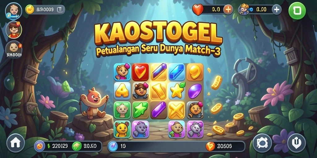 Tampilan gameplay seru KAOSTOGEL dalam dunia Match-3 yang penuh warna.