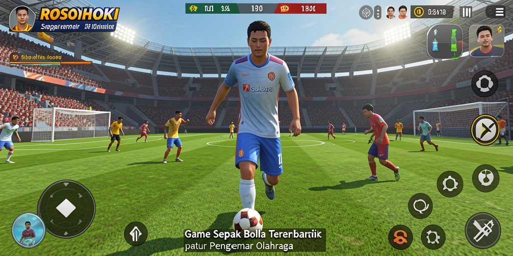 Tampilan gameplay ROSOHOKI yang mendebarkan di lapangan sepak bola.